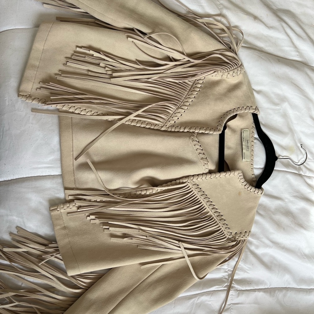 Zara Beige Leather Jacket with Fringe